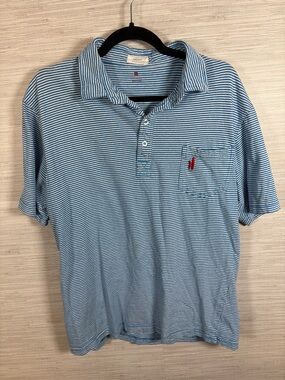 johnnie-O Light Blue and White Striped Polo with Pocket